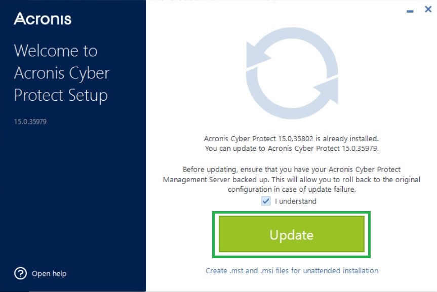 59131:Acronis Cyber Protect: updating to the latest build