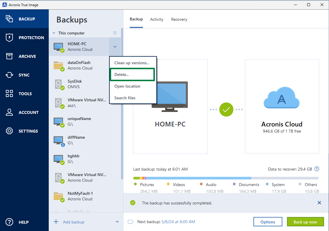 acronis true image 2018 delete backups