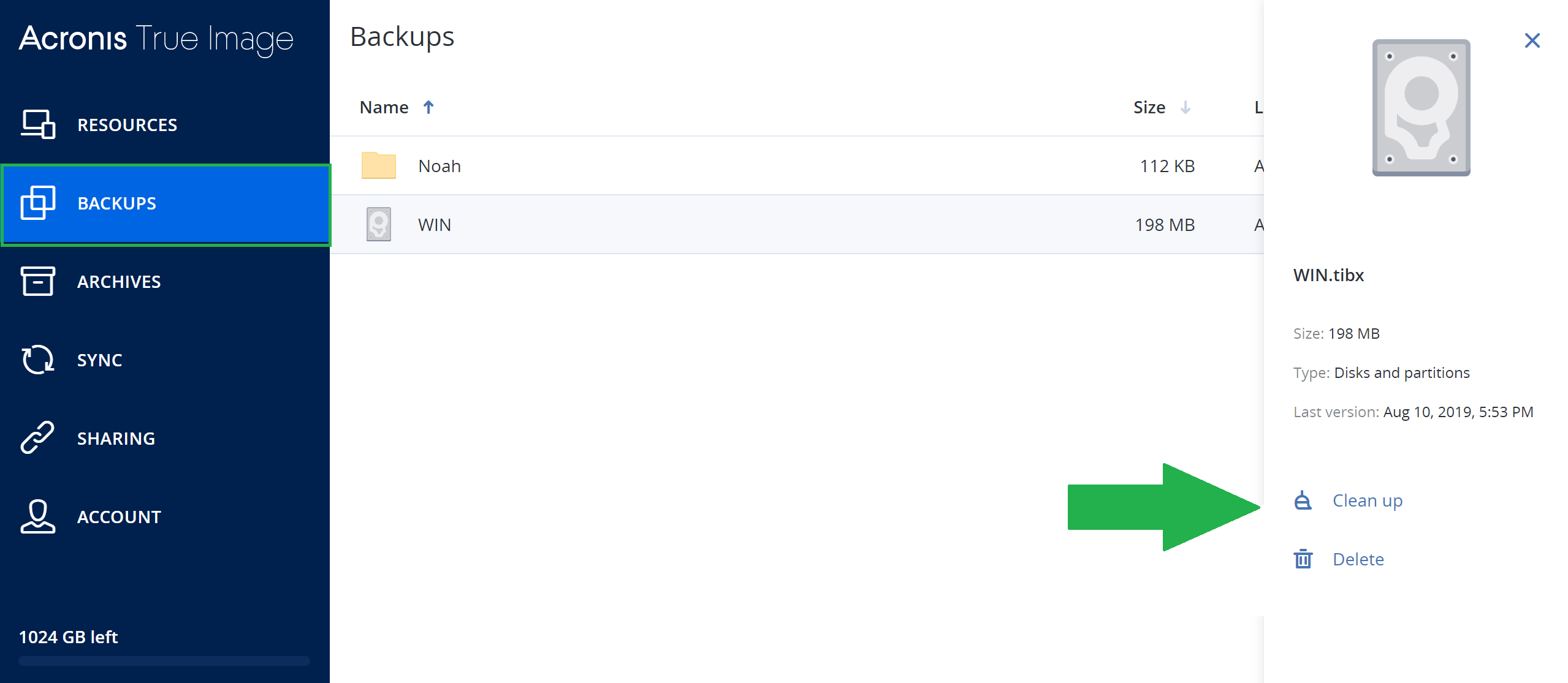 delete backup acronis true image
