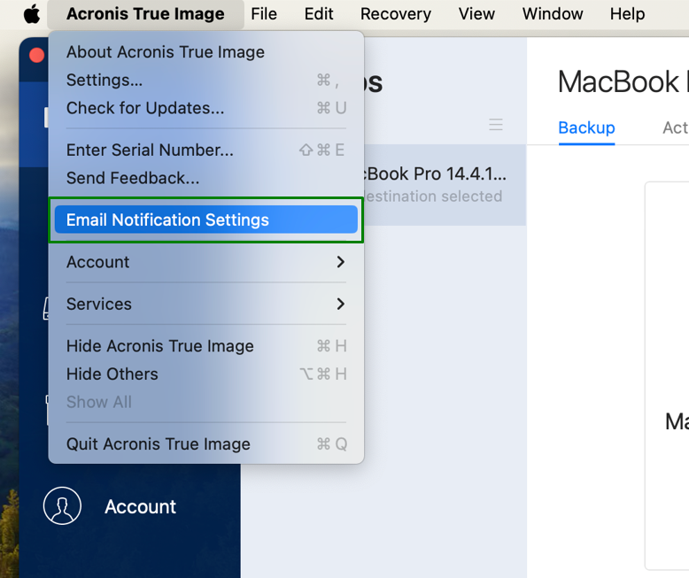 set up e-mail alerts in acronis true image 2016