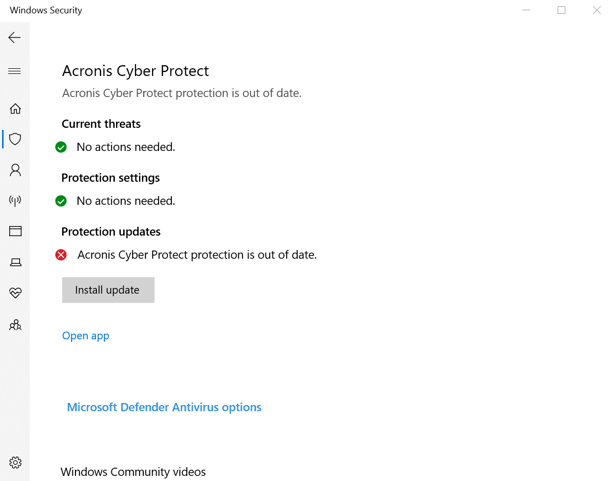 Acronis Cyber Protect Cloud: Alert in Windows Security Center 