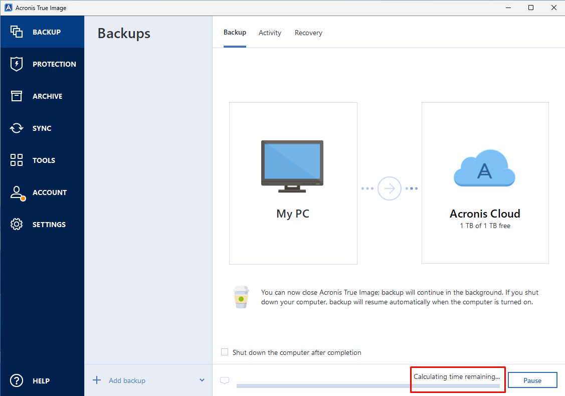 61979: Acronis True Image on Windows: Backup hangs at "Calculating time ...